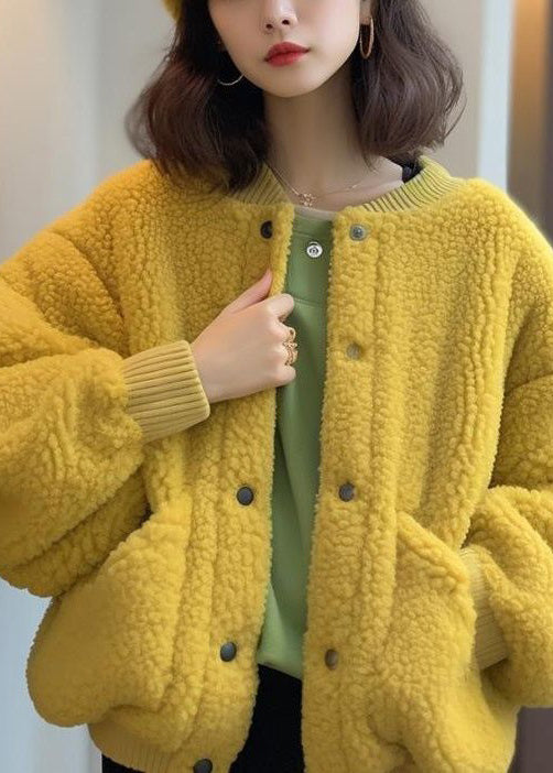 Women Yellow Button Pockets Teddy Faux Fur Coat Spring