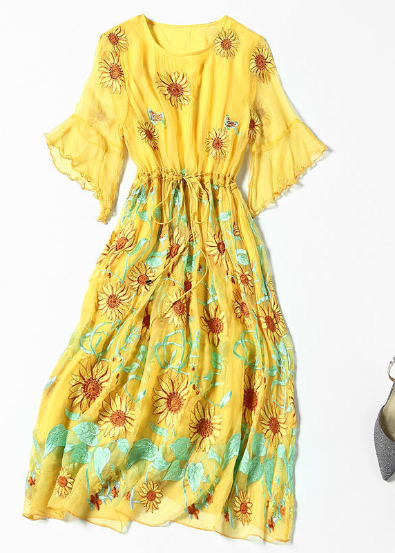 Women Yellow Daisy Embroidered Tie Waist Silk Vacation Dresses Flare Sleeve