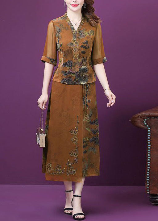 Women Yellow V Neck Tasseled Print Patchwork Silk Two Pieces Set Summer