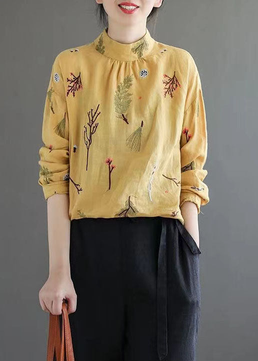 Women Yellow Wrinkled Embroideried Patchwork Linen Shirt Tops Spring