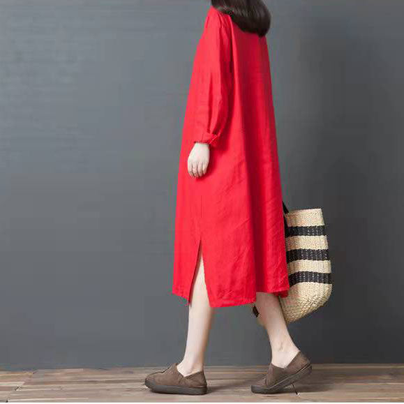 Women Red Linen Coat Plus Size Stand-Collar Cardigans Boutique Long Sleeve Maxi Outwear