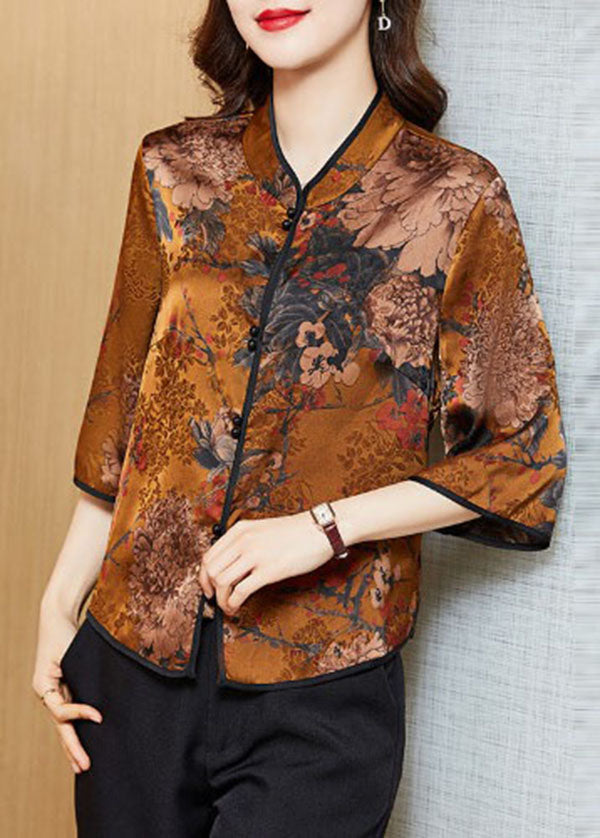 Yellow Print Silk Shirt Tops Stand Collar Button Half Sleeve