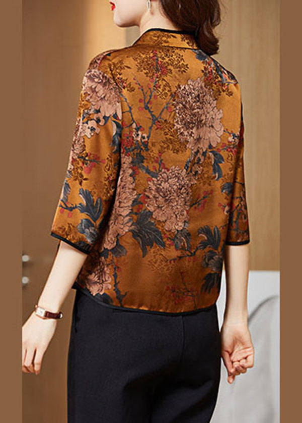 Yellow Print Silk Shirt Tops Stand Collar Button Half Sleeve