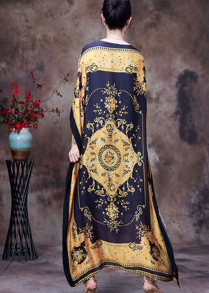 Yellow Print Silk Loose Long Dresses Gown Asymmetrical Design Batwing Sleeve