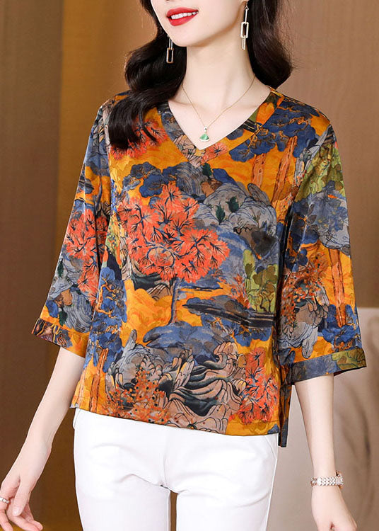 Yellow Print Silk Shirt Top V Neck Half Sleeve