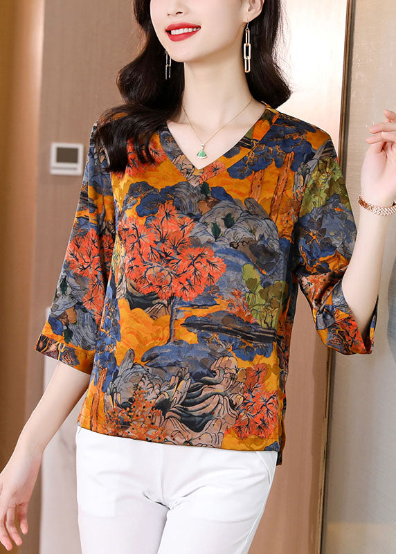Yellow Print Silk Shirt Top V Neck Half Sleeve