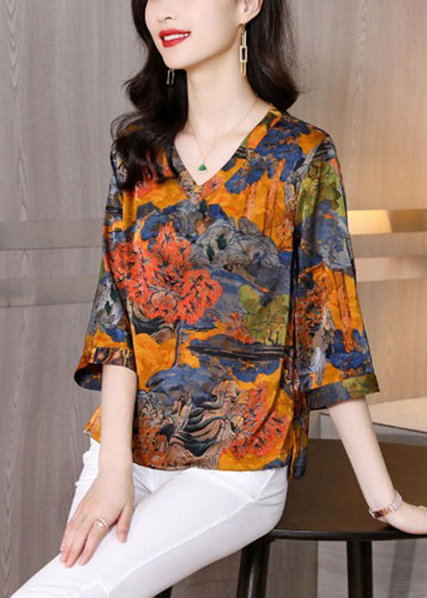 Yellow Print Silk Shirt Top V Neck Half Sleeve