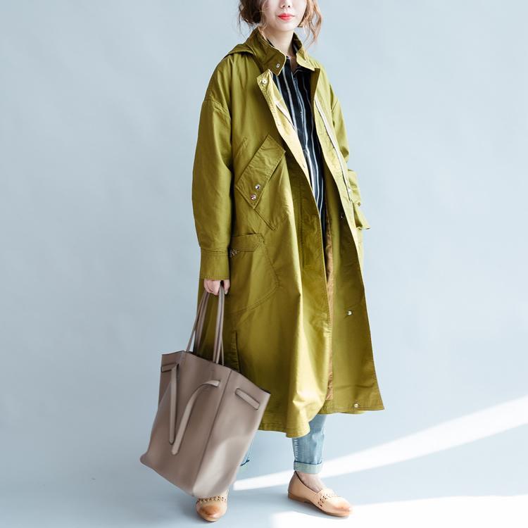 Yellow coats hoodied cotton trench coats outwear long windbreakers oversize maxi coats - Omychic
