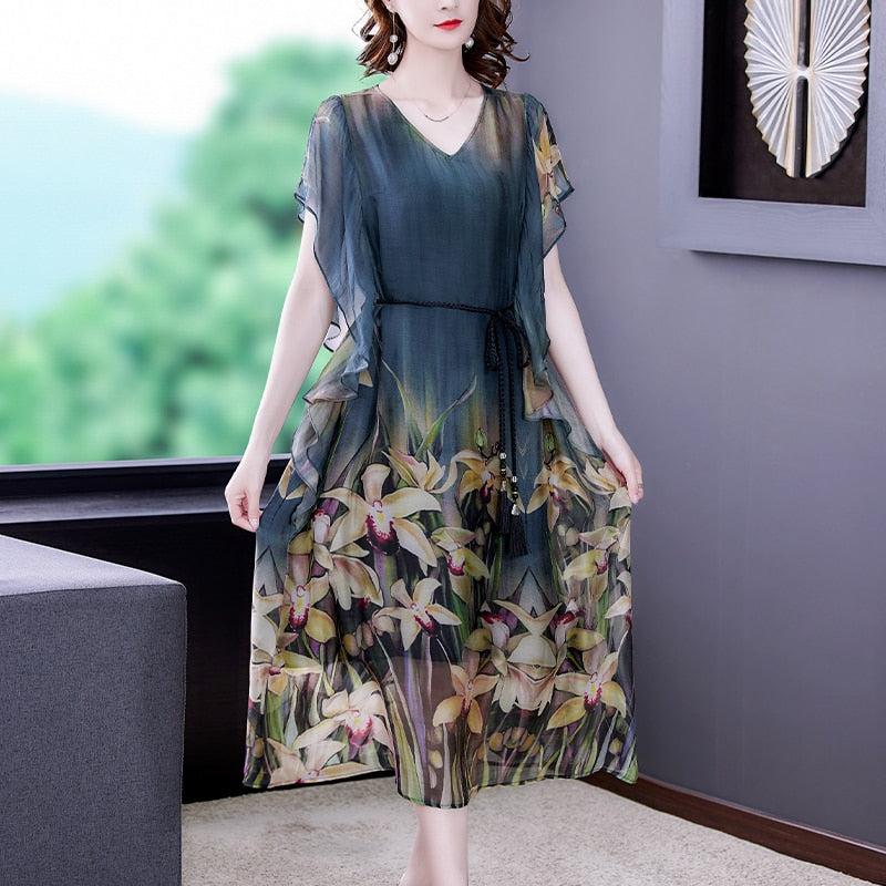 Vintage French V-neck Chiffon Silk Long Dress