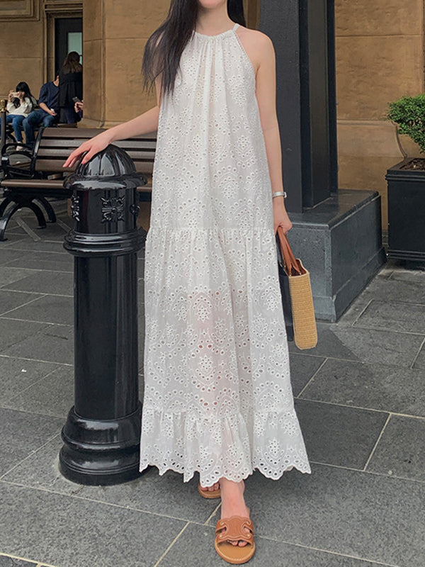 Hollow Pleated Round-neck Maxi Dress Sleeveless