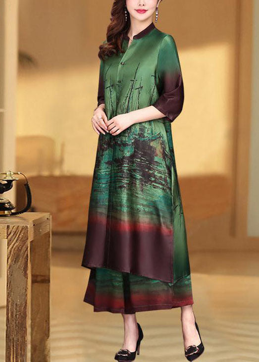 Green Print V Neck Side Open Silk Two Pieces Set