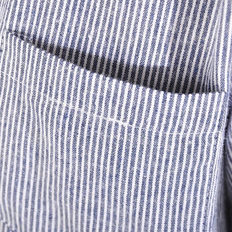 baggy blue Midi-length linen dress oversize linen shirts dresses boutique lapel collar striped cotton clothing - Omychic