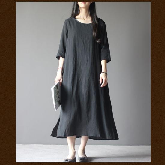 black half sleeve linen sundress oversize maxi dresses - Omychic