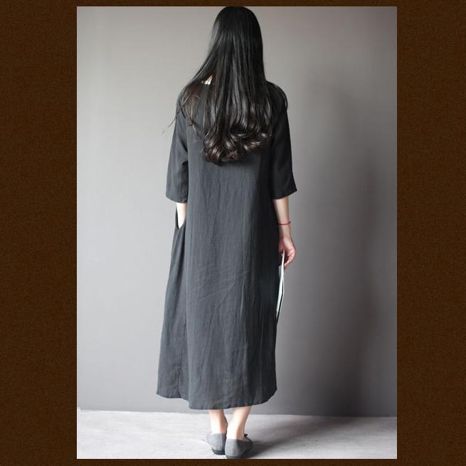 black half sleeve linen sundress oversize maxi dresses - Omychic
