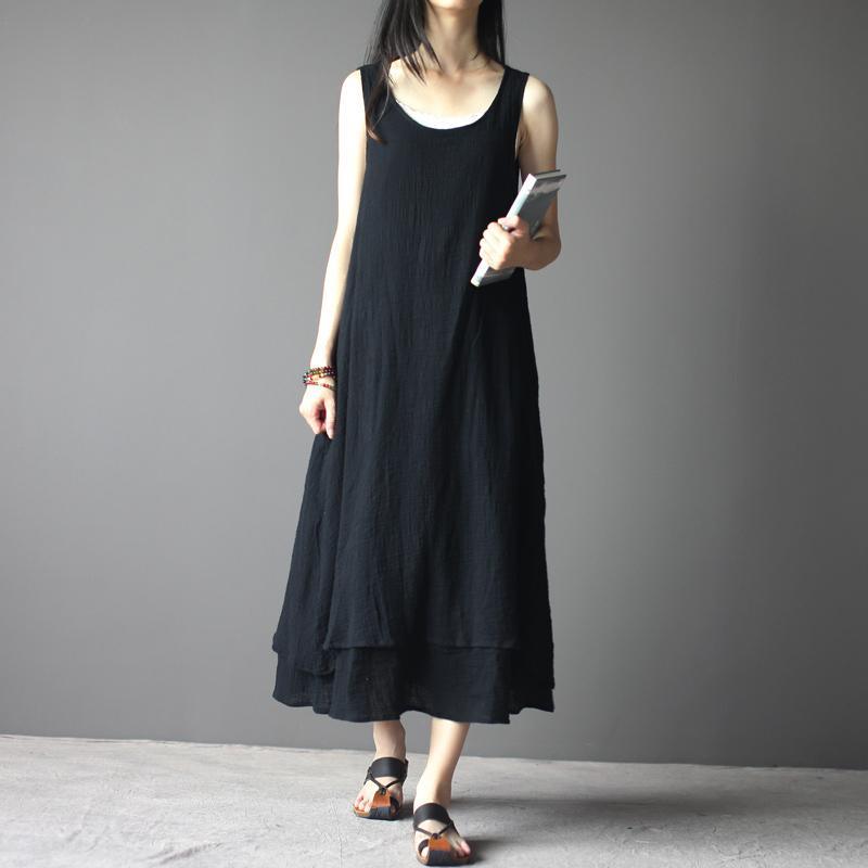 Black Linen Maxi Dress Sleeveless Summer Dresses - Omychic