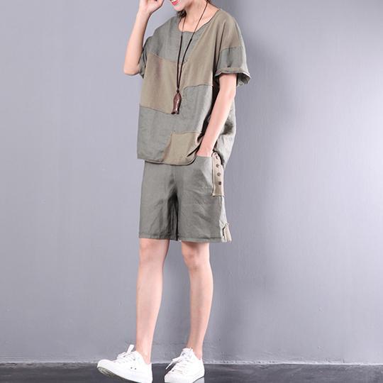 blackish green linen patchwork casual two pieces oversize short sleeve tops and shorts - Omychic