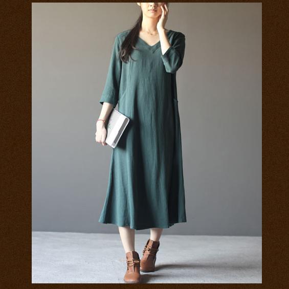 blackish green linen sundress cotton maxi dress - Omychic