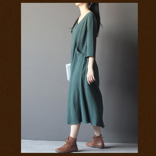 blackish green linen sundress cotton maxi dress - Omychic