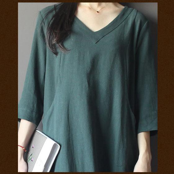 blackish green linen sundress cotton maxi dress - Omychic