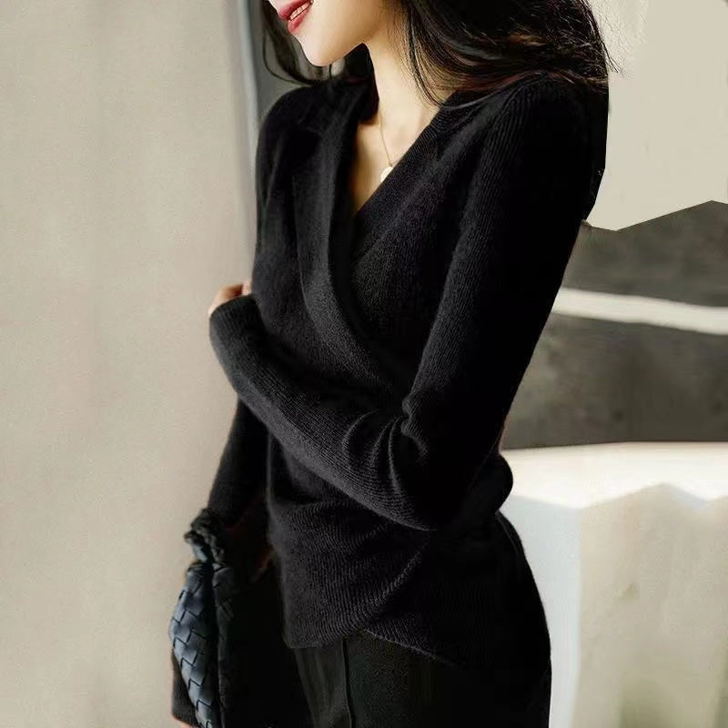 Chic Caramel Peter Pan Collar Asymmetrical Design Slim Fit Fall Sweater