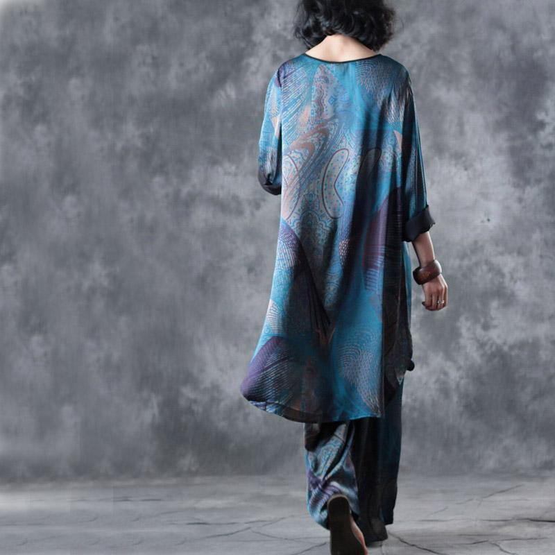 Blue Prints Vintage Chiffon Low High T Shirt And Wide Leg Pants Two Pieces ( Limited Stock) - Omychic