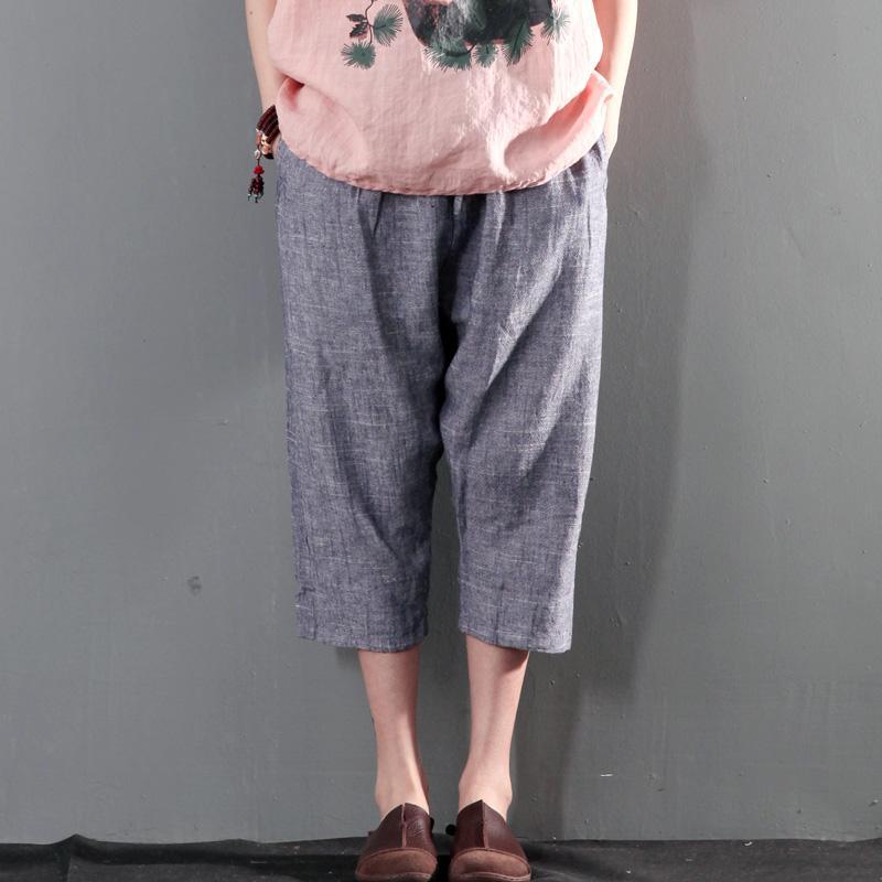 blue unique linen pants summer palazzo pants crop pants - Omychic