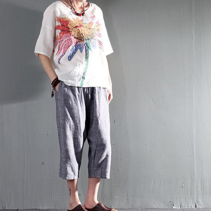 blue unique linen pants summer palazzo pants crop pants - Omychic