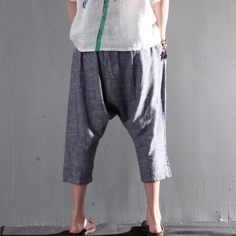 blue unique linen pants summer palazzo pants crop pants - Omychic