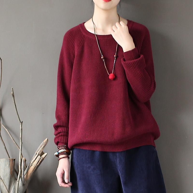 burgundy casual solid cotton tops oversize stylish o neck sweater - Omychic