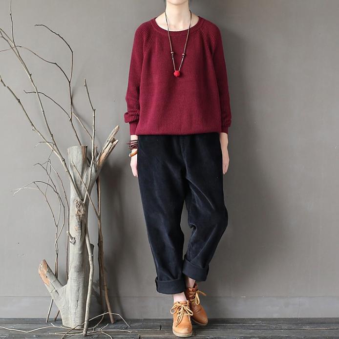 burgundy casual solid cotton tops oversize stylish o neck sweater - Omychic