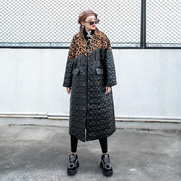 Elegant Tassel Leopard Plus Size Pocket Goddess Fan 2020 Winter Parkas Coat - Omychic