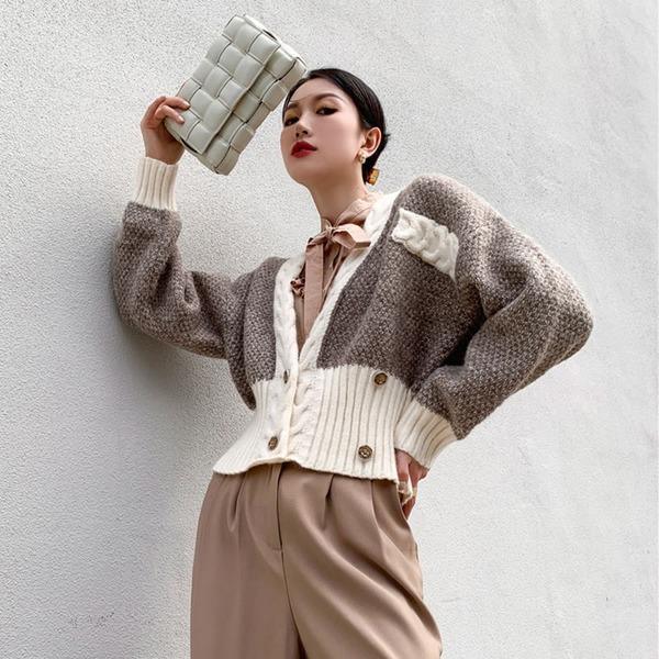 Knitting Sweater Open Stitch Winter Fashion The New Splicing V Neck Collar Short Top Coat - Omychic