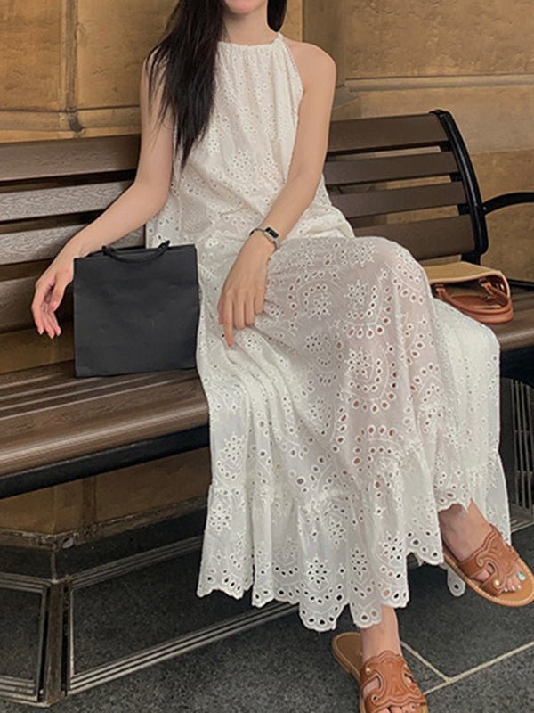 Hollow Pleated Round-neck Maxi Dress Sleeveless