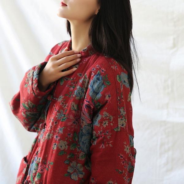 Long Sleeve Button Chinese Style 2020 Winter New Warm Red Parkas Coats - Omychic