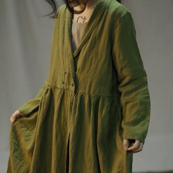 Linen Trench Solid Color Coats Turn-down Collar Long Sleeve Button 2020 Autumn New Chinese Style Trench - Omychic