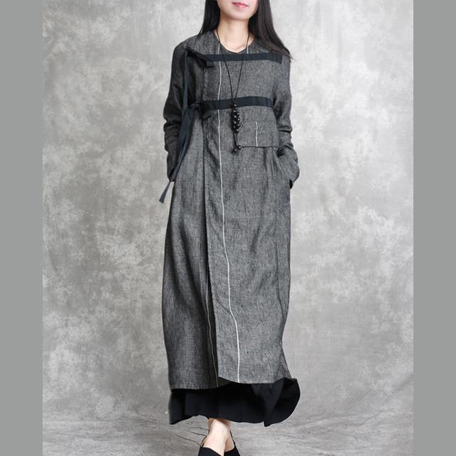Dark Gray Unique Casual Linen Cardigans Plus Size Asymmetric Drawstring Maxi Coat - Omychic