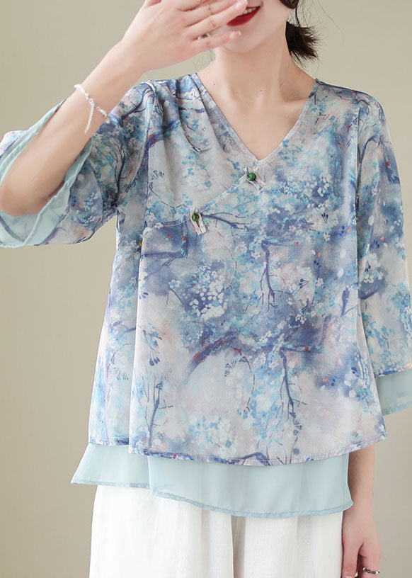 Boutique Blue Print Chinese Button Patchwork Chiffon Top Summer
