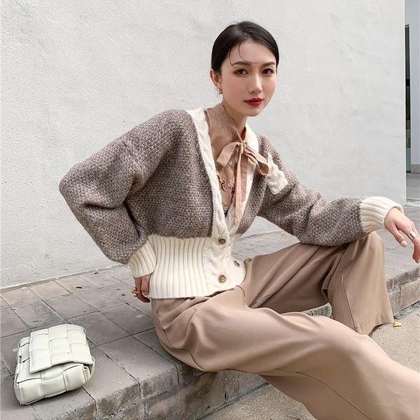 Knitting Sweater Open Stitch Winter Fashion The New Splicing V Neck Collar Short Top Coat - Omychic