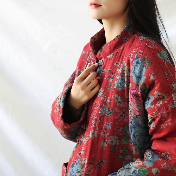 Long Sleeve Button Chinese Style 2020 Winter New Warm Red Parkas Coats - Omychic