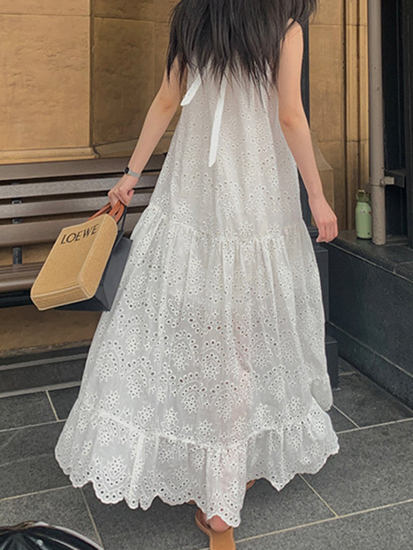 Hollow Pleated Round-neck Maxi Dress Sleeveless