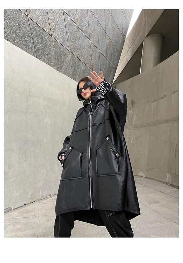 Black Splicing Keep Warm Faux Leather Women New Winter Fashion All-match Coat Personality Splicing Street Trendy - Omychic