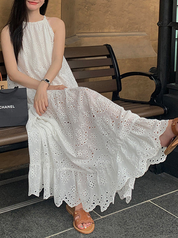 Hollow Pleated Round-neck Maxi Dress Sleeveless