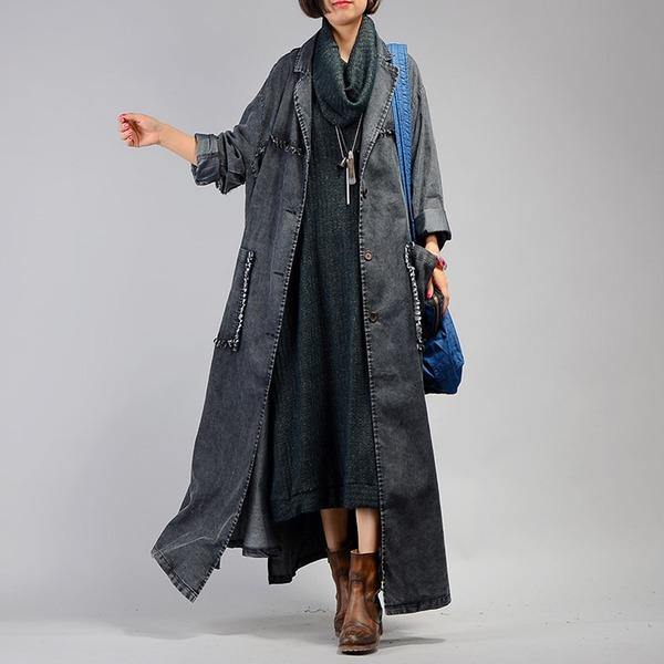 Women Trench Coat 2020 Fall Winter New Pockets Long Sleeve Blue Plus Size Trench - Omychic