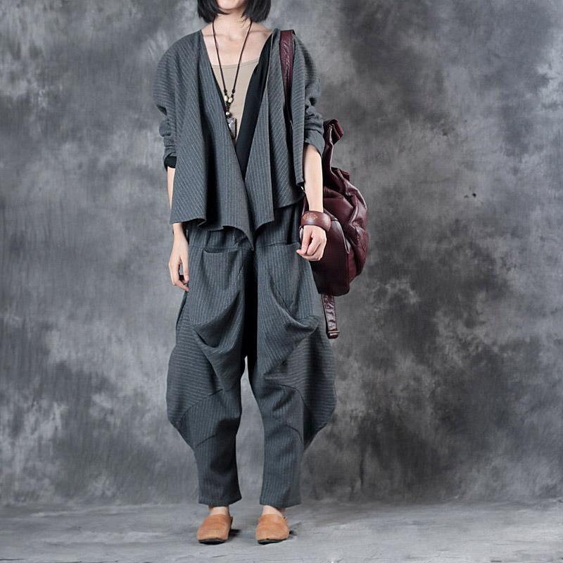 Gray Fashion Two Pieces Winter Woolen Blended Loose Chunky Coats With Asymmetric Desigan Pants - Omychic