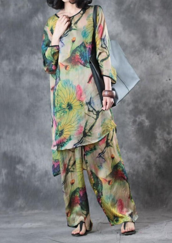 Green Casual Prints Silk Tops And Vintage Loose Wide Leg Pant Two Pieces ( Limited Stock) - Omychic