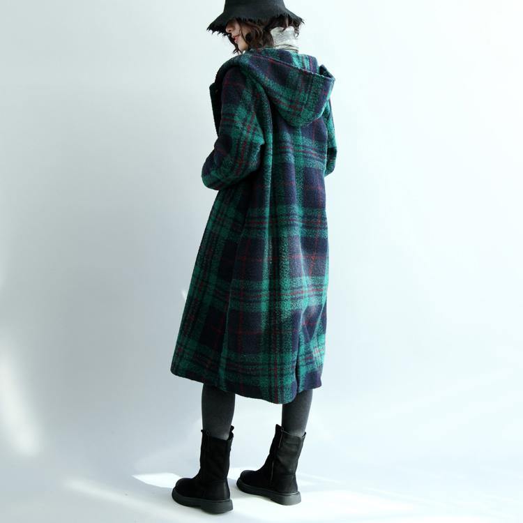 green wool coat plus size hooded maxi coat vintage plaid Jackets & Coats - Omychic