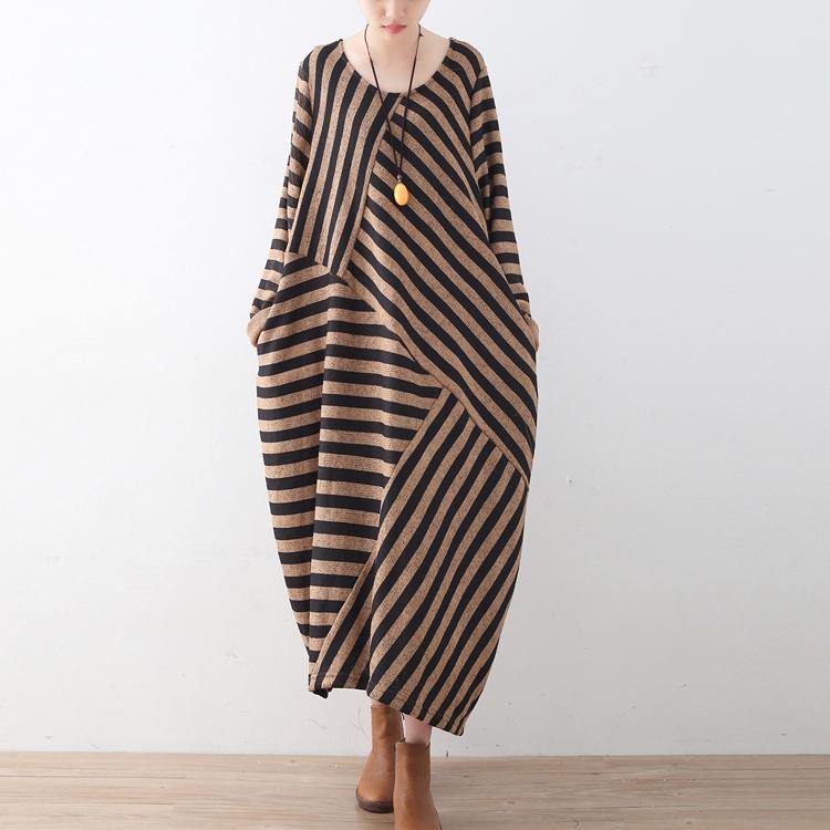 khaki striped sweater dress oversized o neck patchwork winter dresses - Omychic