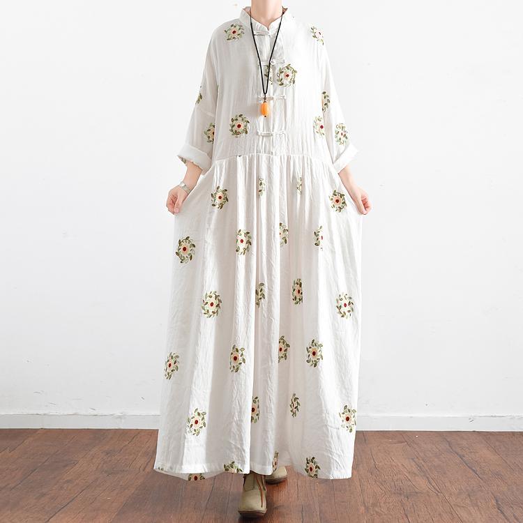 New White Prints Maxi Dress Plus Size Casual Dresses Long Sleeve Gowns - Omychic