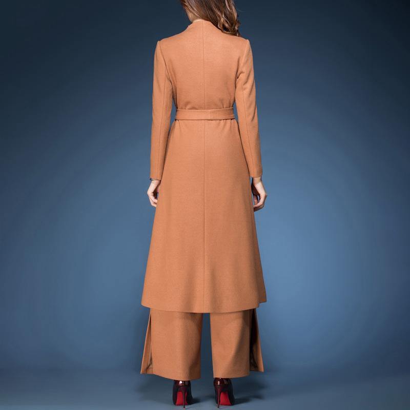 new winter fashoion two pieces woolen blended tie waist trench coats and side open wide leg pants - Omychic