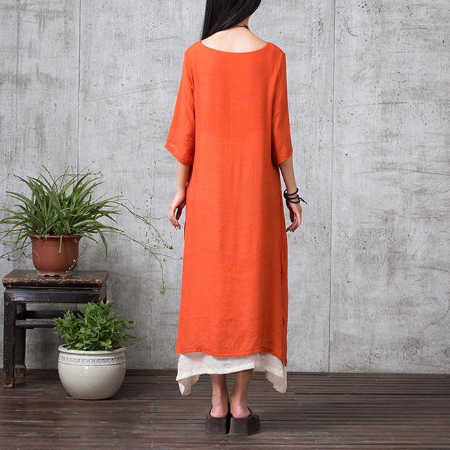 orange vintage linen dresses plus size layered sundress bracelet sleeved maxi dress - Omychic